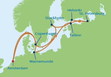 瑞典 0900 1600 Day 11 Copenhagen, Denmark 哥本哈根, 丹麥 1000 1800 Day 12 At Sea 海上巡航 - - Day 13 Amsterdam,
