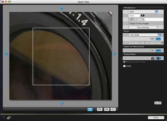 按一下 [ ] 按鈕 步驟 中指定的部份會以 00%( 實際像素大小 ) 放大顯示在 [ 變焦顯示 (Zoom View)] 視窗中 變焦顯示視窗 調整對焦 拉近 推遠 [ ] [ ]: 調整大量 [ ] [ ]: 調整中等 [ ] [ ] : 調整小量 [ 遙遠即時顯示視窗 (Remote Live View window)] 會根據對焦點位置 的調整即時變更 如要移動 [ 變焦顯示