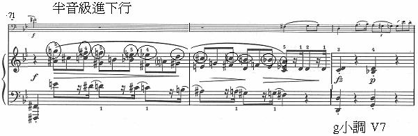 與旋律中的二拍子形式成對比, 這些特性與此樂章第 60 小節這段寫作手法相似 譜例三十八 譜例三十八 蕭邦, g 小調大提琴奏鳴曲, 作品 65, 第四樂章, mm.