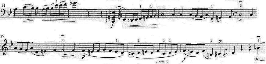 60-68 第 81 小節出現第一主題之附點素材, 接連著十六分音符皆為向上音型, 拉奏時須一氣呵成, 避免因弓法將音樂線條中斷 至第 89 小節, 由大提琴獨自將旋律奏出,