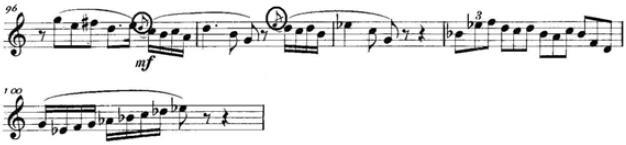 note) 24 譜例 3-6 譜例 3-6 理察 史特勞斯法國號協奏曲第一樂章, 第 96-100 小節 在第 103-110 小節部分, 主奏與伴奏的音樂流動是融合在一起的,
