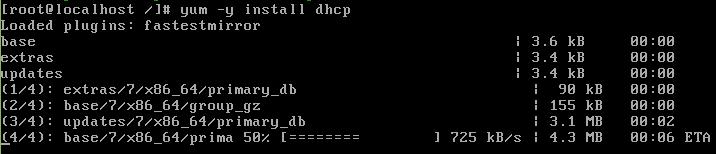 网络技术实训 / 实验 7: 基于 Linux 的 DHCP 服务器的实现 10 步骤 4: 在线安装 dhcp 服务 # yum y install dhcp // 在线安装 dhcp 输入命令后回车, 即可看到安装 DHCP 的过程 ( 见图 7-12), 安装完毕后,