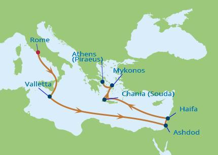 12-Night Isra el & M edite rra ne a n Cruise 12 晚以色列及地中海之旅 ure s 出發 : Oct 19 19 Oct (Thu) Rome (Civitavecchia), Italy 羅馬 ( 席維塔維茄 ), 意大利 - 1700 20 Oct (Fri) At Sea 海上巡航 - - 21 Oct (Sat) Valletta,