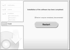 將影像傳輸到電腦並檢視 完成安裝 使用 Windows 時, 按一下 [ 重新啟動 (Restart) ] 或 [ 完成 (Finish) ], 然後在顯示桌面螢幕時取出光碟 使用 Macintosh 時, 在完成安裝後的螢幕上按一下
