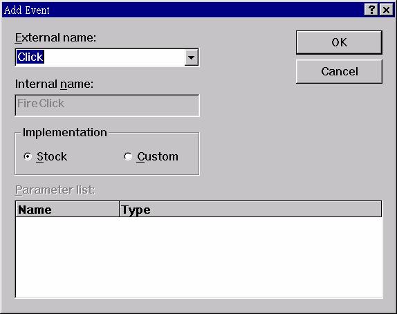 ActiveX (ActiveX Control Event) 行 15 參數 不 ActiveX Control 理 (Handler) COleControl 理 數 Event Click DbClick Error KeyDown KeyUp MouseDown MouseUp MouseMove Click 兩 滑 滑 滑 滑 1. ClassWizard 2.