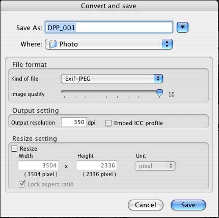 另存為 JPEG 或 TIFF 如使用非 DPP 的軟件檢視 及打印 RAW, 請將其轉換為較常用的 JPEG 或 TIFF 並儲存 將另存為新的, 因此 RAW 保持不變 選擇要轉換的 選擇 [ 檔案 (File)] 選單 [ 轉換並儲存 (Convert and save)] [ 轉換並儲存 (Convert and save)] 視窗出現 指定所需的設定, 然後按一下 [ 儲存