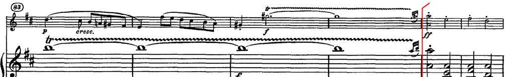 二 弓法與指法 在第 87-88 小節, 小提琴在拉奏 ff 音量時, 應使用正弓及靠著較多的弓量做出極強的效果 ;
