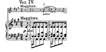 變奏 IV 為標明 dolce( 甜美 ) 的樂段, 小提琴在第 1 小節進入時, 因配合鋼琴所營造出溫暖的音響,