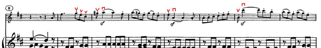 第三節 第三樂章 第三樂章是輪旋曲式, 因此在演奏詮釋上的重點為如何在不同的樂段中做出鮮明的對比 A 段為輕快 跳躍且具有活潑特徵的樂段,