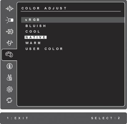 Color Adjust ( )., (R), (G), (B) User Color ( ).. srgb-. LCD. srgb. (Bluish) (9300)-. ( ). (Cool) (7500)-.