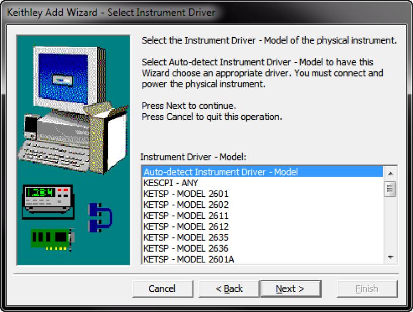 第 3 节 : 使用远程接口 图 15:Select Instrument Driver 对话框 6. 选择 Auto-detect Instrument Driver - Model 7.