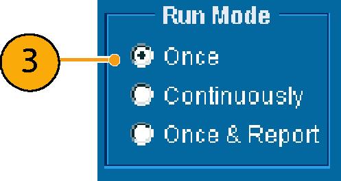 但并不进行测量 使用该选项设置自定义设置 按下 Run( 运行 ) 按钮试验您的设置, 根据需要进行调整 ( 例如改变水平比例 ), 然后再次选择 Run( 运行 ) 按钮 对自定义设置满意后, 就可以使用 Run Only( 只运行 )