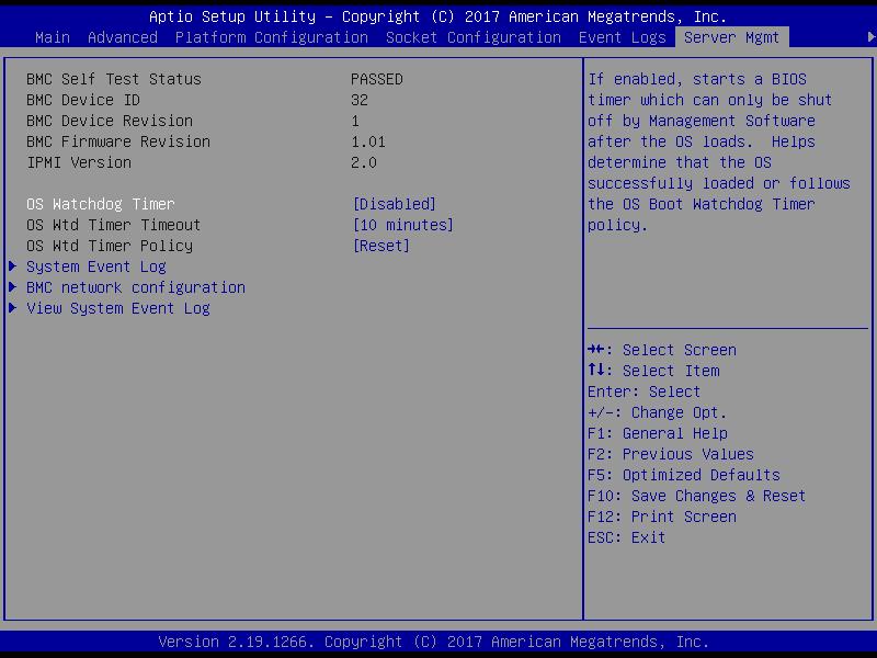 2.5 伺服器管理選單 (Server Mgmt menu) 伺服器管理選單 (Server Mgmt menu) 顯示伺服器管理狀態, 以及提供您變更設定 OS Watchdog Timer [Disabled] 若本項目啟用時, 啟動的 BIOS 計時器僅能透過作業統載入後的 Intel Management 軟體進行關閉 設定值有 :[Enabled] [Disabled] 以下的項目僅當