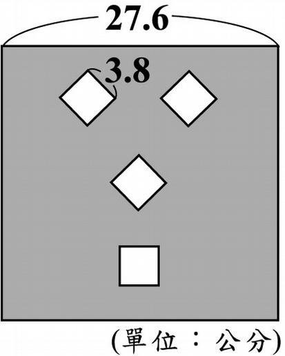 5. 如圖(二) 一正方形木板上剛好可畫分成 36 個邊長均為 公分的 正方形 若重新將此木板畫分成數個大小相同的長方形 則此長方 形的長與寬不可能為下列哪一組 (A)長為 3 公分 寬為 公分 (B)長為 6 公分 寬為 4 公分 (C)長為 9 公分 寬為 6 公分 (D)長為 公分 寬為 4 公分 圖(二) 6. 如圖(三) 阿倉用一張邊長為 7.6 公分的正方形厚紙板 剪 下邊長皆為 3.