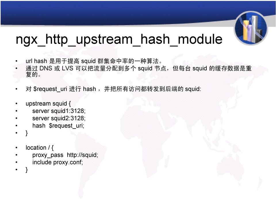 hash, 并 把 所 有 访 问 都 转 发 到 后 端 的 squid: upstream squid { server squid1:3128; server