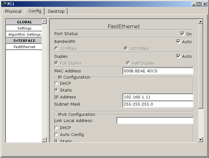 5. 這 是 PC1 的 IP Address 與 Subnet Mask 的 設 定 6.