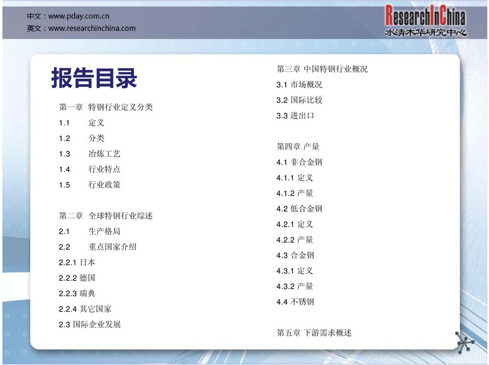 3 国 际 企 业 发 展 第 三 章 中 国 特 钢 行 业 概 况 3.1 市 场 概 况 3.2 国 际 比 较 3.3 进 出 口 第 四 章 产 量 4.1 非 合 金 钢 4.1.1 定 义 4.