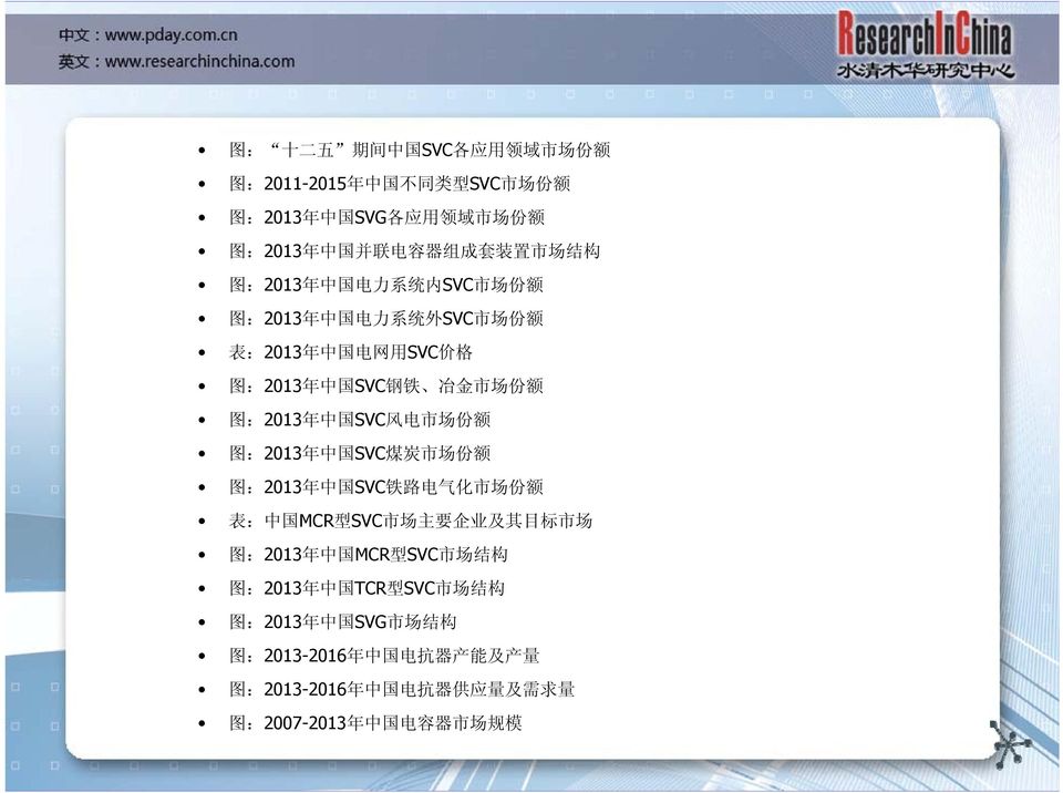 场 份 额 图 :2013 年 中 国 SVC 煤 炭 市 场 份 额 图 :2013 年 中 国 SVC 铁 路 电 气 化 市 场 份 额 表 : 中 国 MCR 型 SVC 市 场 主 要 企 业 及 其 目 标 市 场 图 :2013 年 中 国 MCR 型 SVC 市 场 结 构 图 :2013 年 中