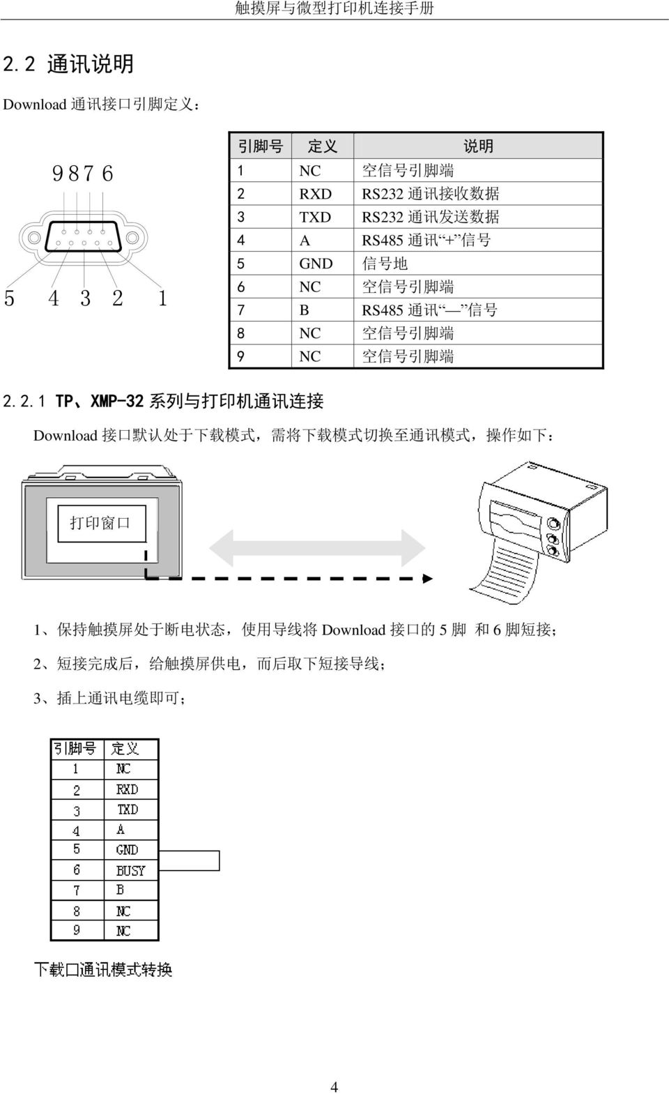 2.1 TP XMP-32 系 列 与 打 印 机 通 讯 连 接 Download 接 口 默 认 处 于 下 载 模 式, 需 将 下 载 模 式 切 换 至 通 讯 模 式, 操 作 如 下 : 打 印 窗 口 1 保 持 触 摸