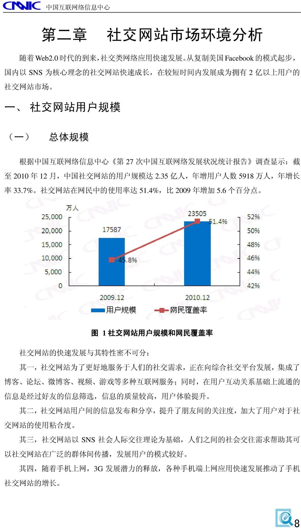 络 信 息 中 心 第 27 次 中 国 互 联 网 络 发 展 状 况 统 计 报 告 调 查 显 示 : 截 至 2010 年 12 月, 中 国 社 交 网 站 的 用 户 规 模 达 2.35 亿 人, 年 增 用 户 人 数 5918 万 人, 年 增 长 率 33.7% 社 交 网 站 在 网 民 中 的 使 用 率 达 51.4%, 比 2009 年 增 加 5.
