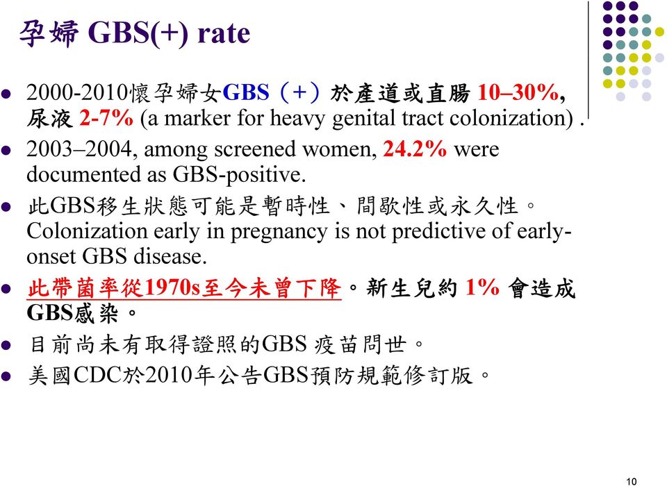 此 GBS 移 生 狀 態 可 能 是 暫 時 性 間 歇 性 或 永 久 性 Colonization early in pregnancy is not predictive of early- onset