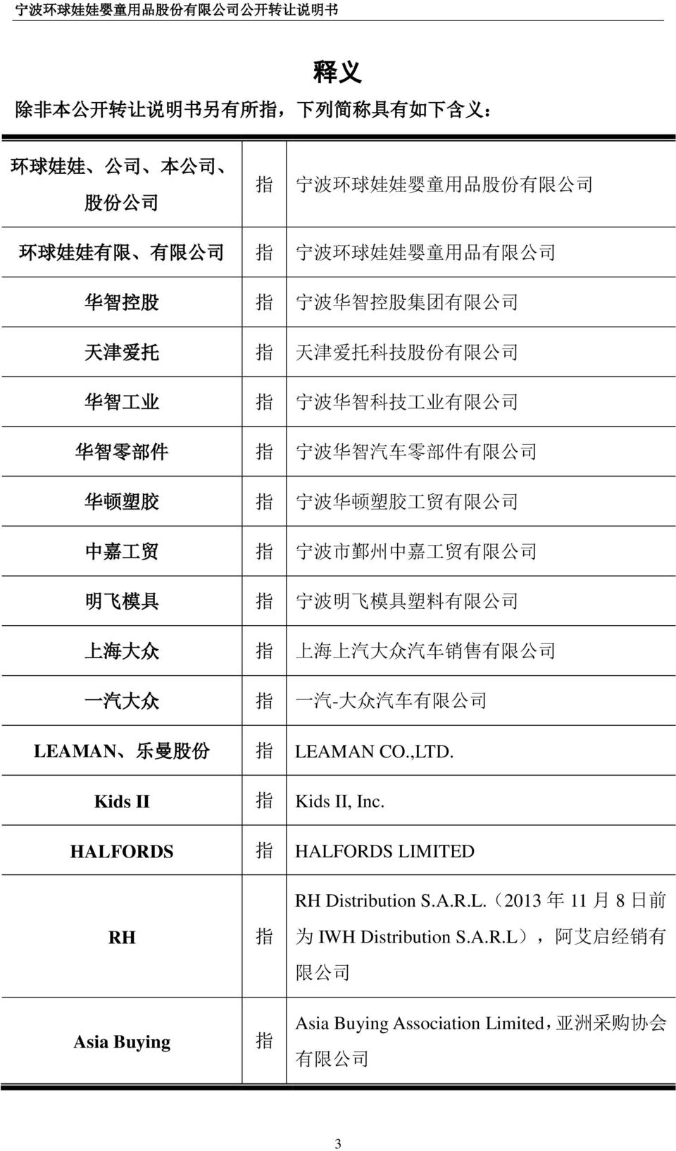 工 贸 有 限 公 司 明 飞 模 具 指 宁 波 明 飞 模 具 塑 料 有 限 公 司 上 海 大 众 指 上 海 上 汽 大 众 汽 车 销 售 有 限 公 司 一 汽 大 众 指 一 汽 - 大 众 汽 车 有 限 公 司 LEAMAN 乐 曼 股 份 指 LEAMAN CO.,LTD. Kids II 指 Kids II, Inc.
