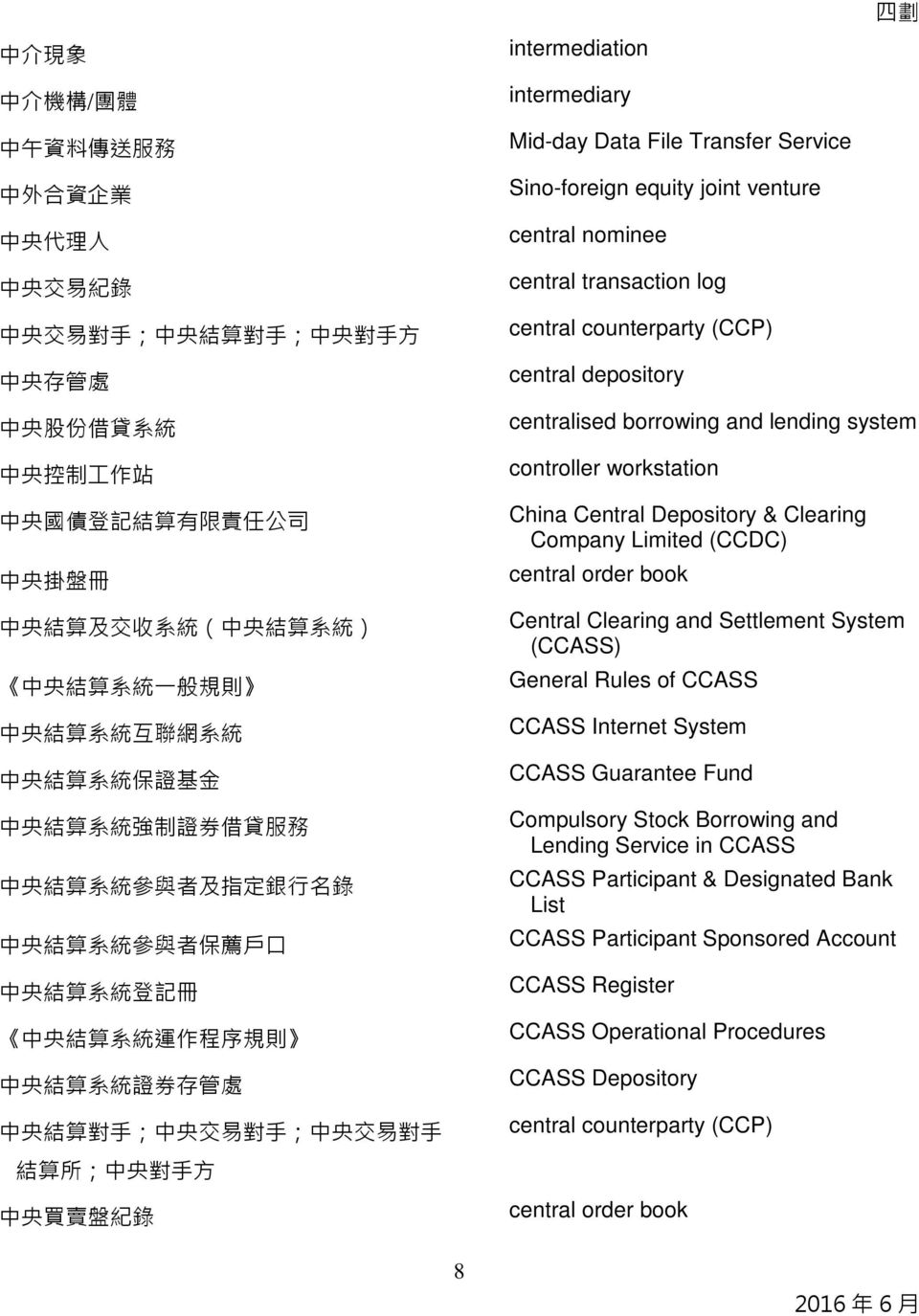 depository 四 劃 centralised borrowing and lending system controller workstation China Central Depository & Clearing Company Limited (CCDC) central order book Central Clearing and Settlement System