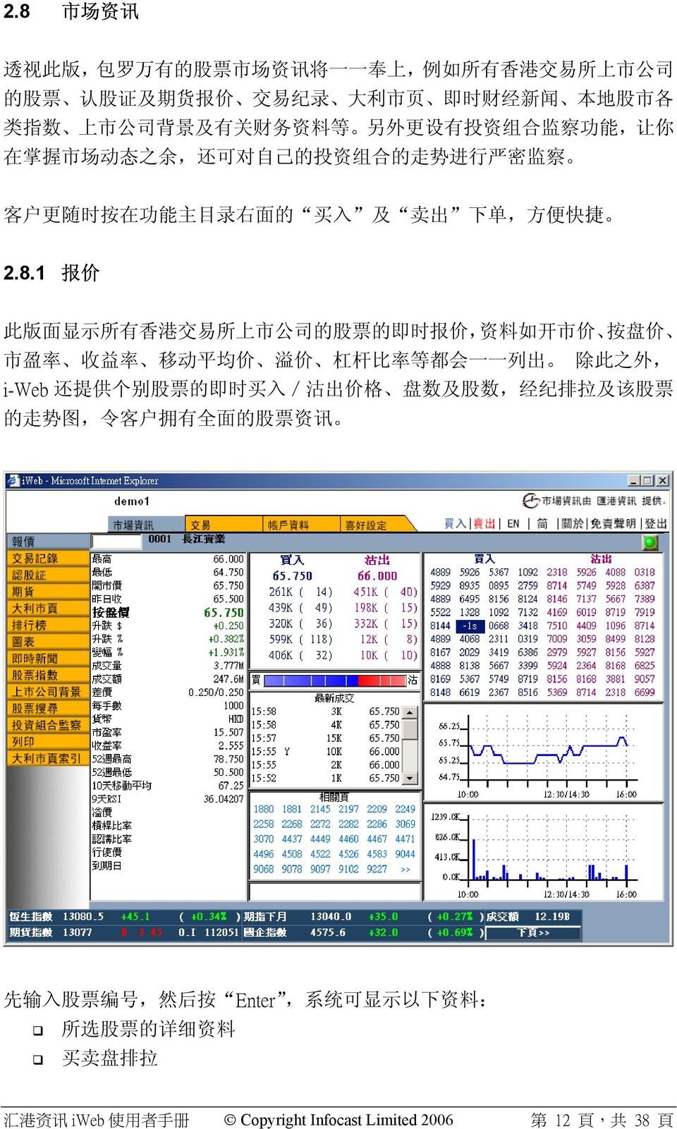 1 报 价 此 版 面 显 示 所 有 香 港 交 易 所 上 市 公 司 的 股 票 的 即 时 报 价, 资 料 如 开 市 价 按 盘 价 市 盈 率 收 益 率 移 动 平 均 价 溢 价 杠 杆 比 率 等 都 会 一 一 列 出 除 此 之 外, i-web 还 提 供 个 别 股 票 的 即 时 买 入 / 沽 出 价 格 盘 数