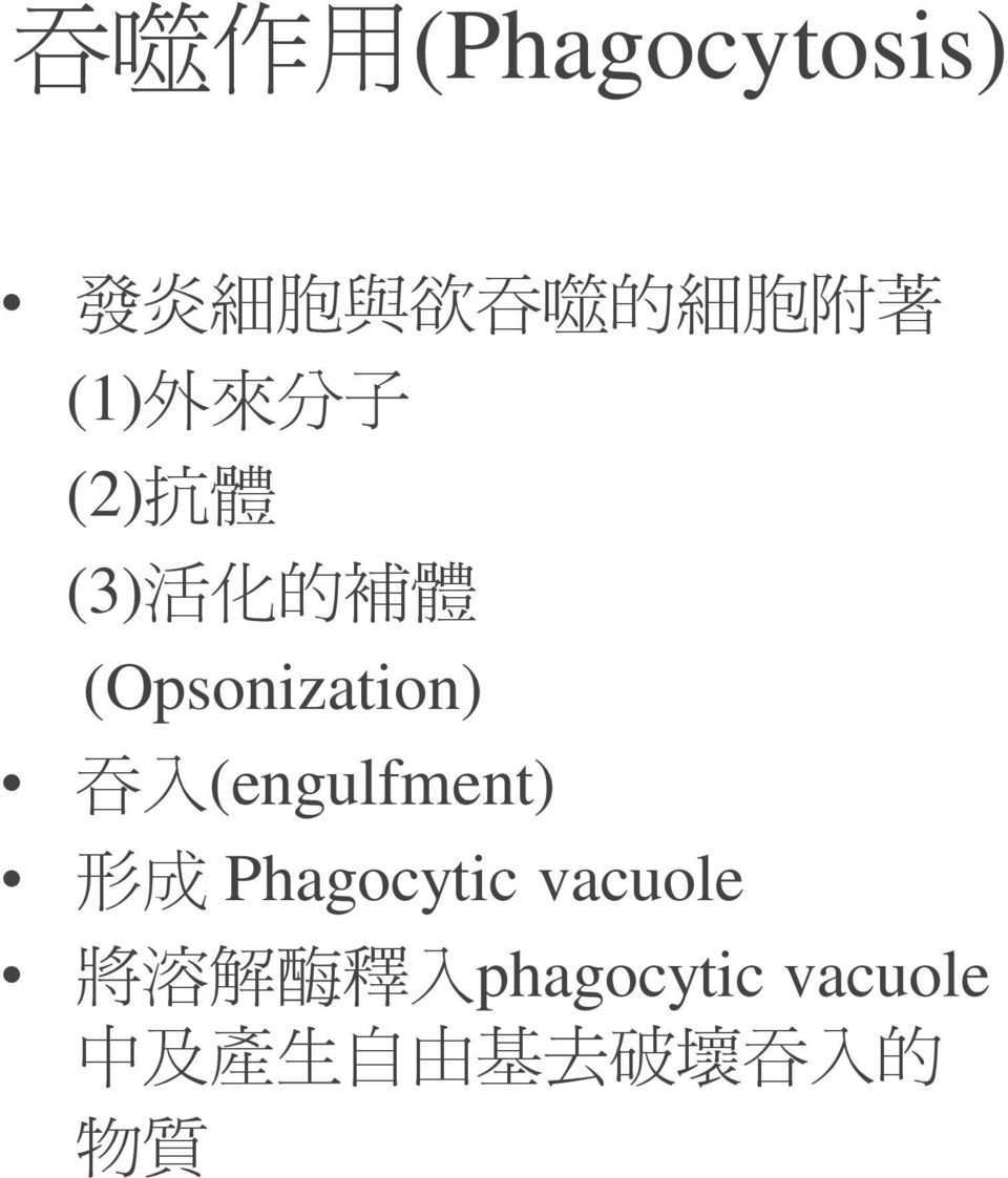吞 入 (engulfment) 形 成 Phagocytic vacuole 將 溶 解 酶 釋