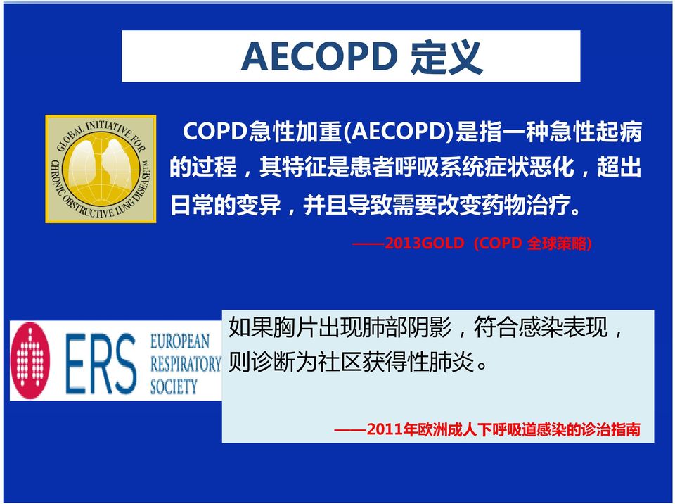 治 疗 2013GOLD (COPD 全 球 策 略 ) 如 果 胸 片 出 现 肺 部 阴 影, 符 合 感 染 表