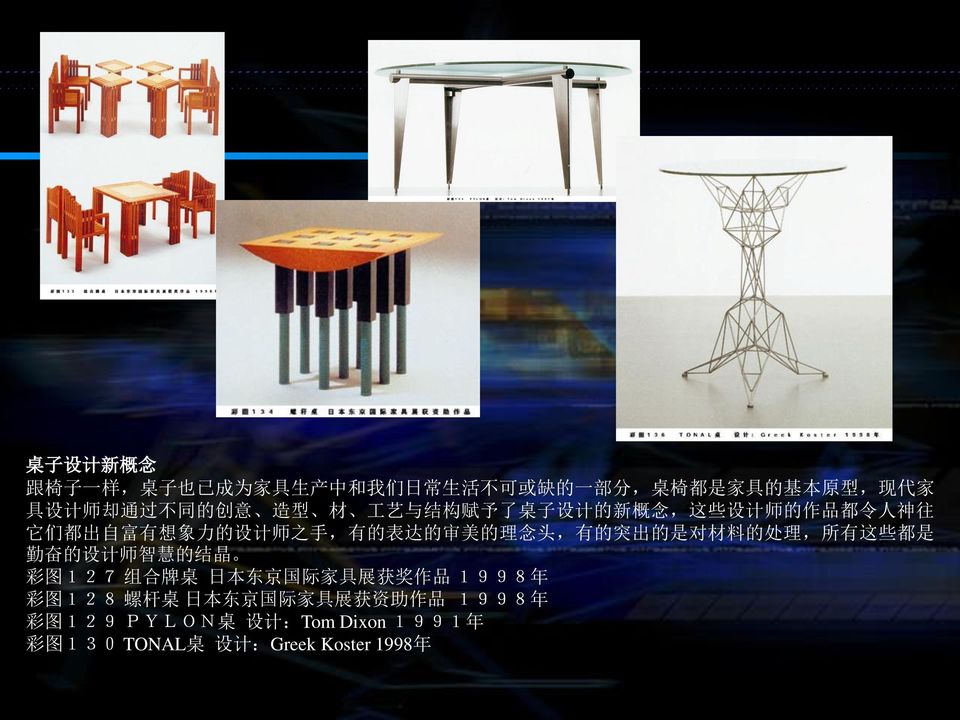 的 理 念 头, 有 的 突 出 的 是 对 材 料 的 处 理, 所 有 这 些 都 是 勤 奋 的 设 计 师 智 慧 的 结 晶 彩 图 127 组 合 牌 桌 日 本 东 京 国 际 家 具 展 获 奖 作 品 1998 年 彩 图
