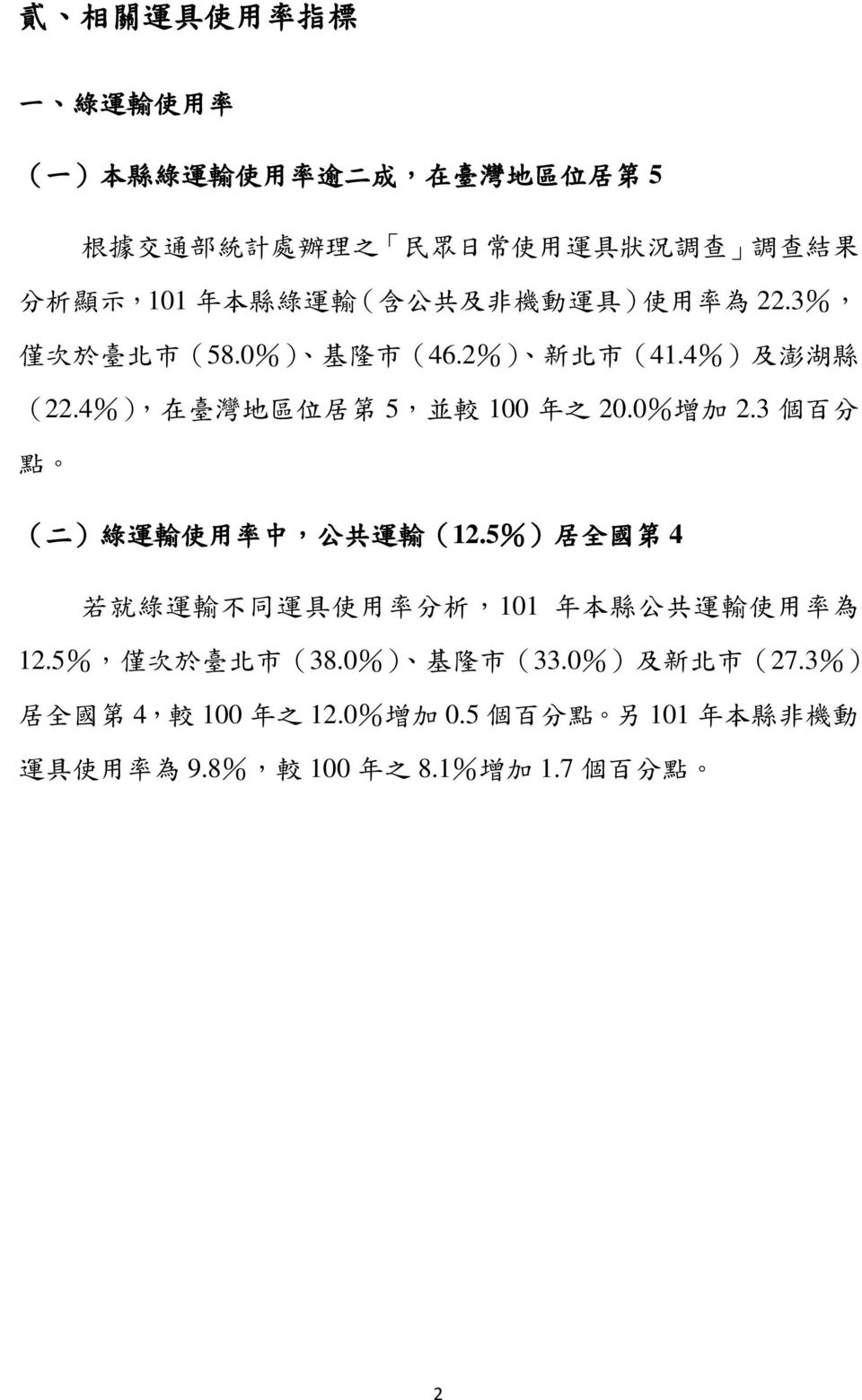 4%), 在 臺 灣 地 區 位 居 第 5, 並 較 100 年 之 20.0% 增 加 2.3 個 百 分 點 ( 二 ) 綠 運 輸 使 用 率 中, 公 共 運 輸 (12.