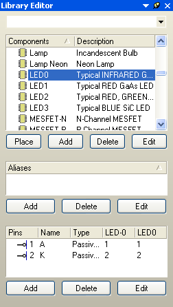 (1) 点 击 Library Editor 面 板 的 按 钮, 添 加 新 元 件 LED (2) 点 击 工 具 栏 上 的 按 钮, 打 开 Miscellaneous Devices.