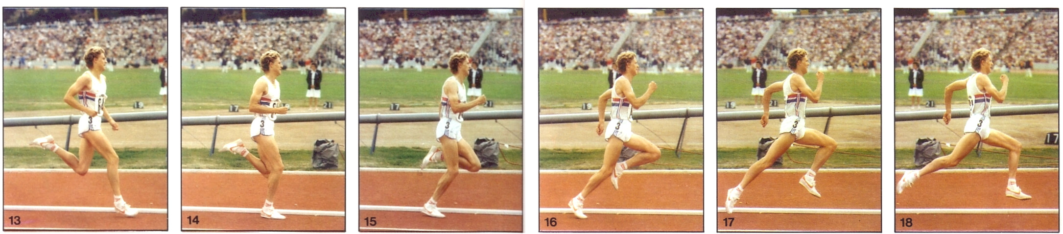 中長跑的綜合學科訓練法 Deshon 與 Nelson 1964 也從他們的研究總結了 良好跑步效能之其中一個特點 就是運動員腳著 地的位置 應該盡量接近身體重心在地上的投影 點 可以更迅速地向前擺出 當運動員的大腿達至水 平或接近水平時 小腿應自然地向前擺動 準備 著地 蹬地階段 圖 7-9 15-17 inrichs 1982 從他的研究總結出 手部 動作的主要功用是抵銷因腿部動作而產生