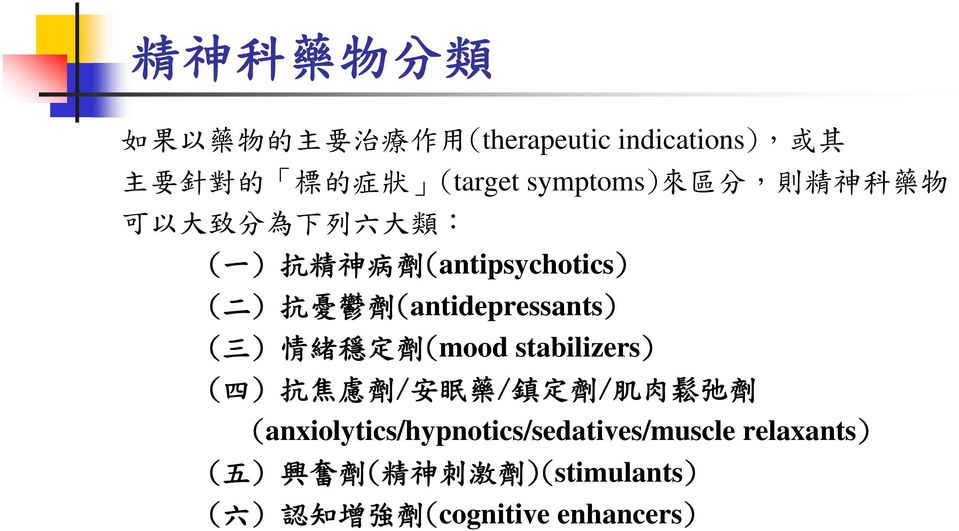 (antidepressants) ( 三 ) 情 緒 穩 定 劑 (mood stabilizers) ( 四 ) 抗 焦 慮 劑 / 安 眠 藥 / 鎮 定 劑 / 肌 肉 鬆 弛 劑