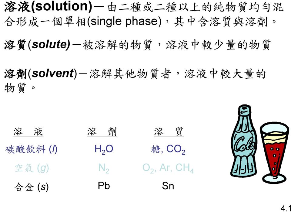 少 量 的 物 質 溶 劑 (solvent)- 溶 解 其 他 物 質 者, 溶 液 中 較 大 量 的 物 質 溶 液 溶 劑