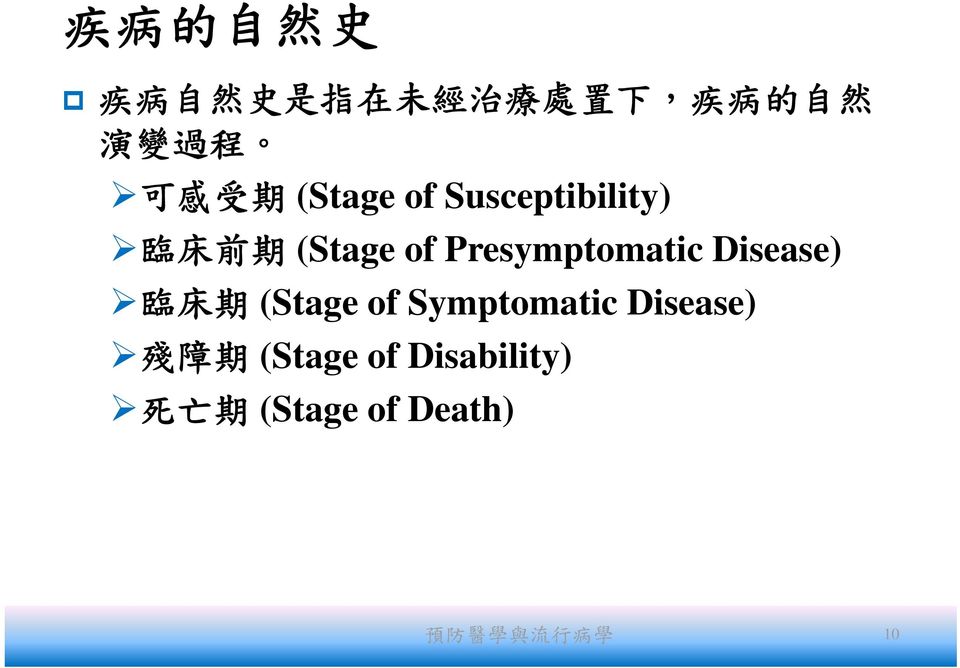 Presymptomatic Disease) 臨 床 期 (Stage of Symptomatic Disease)