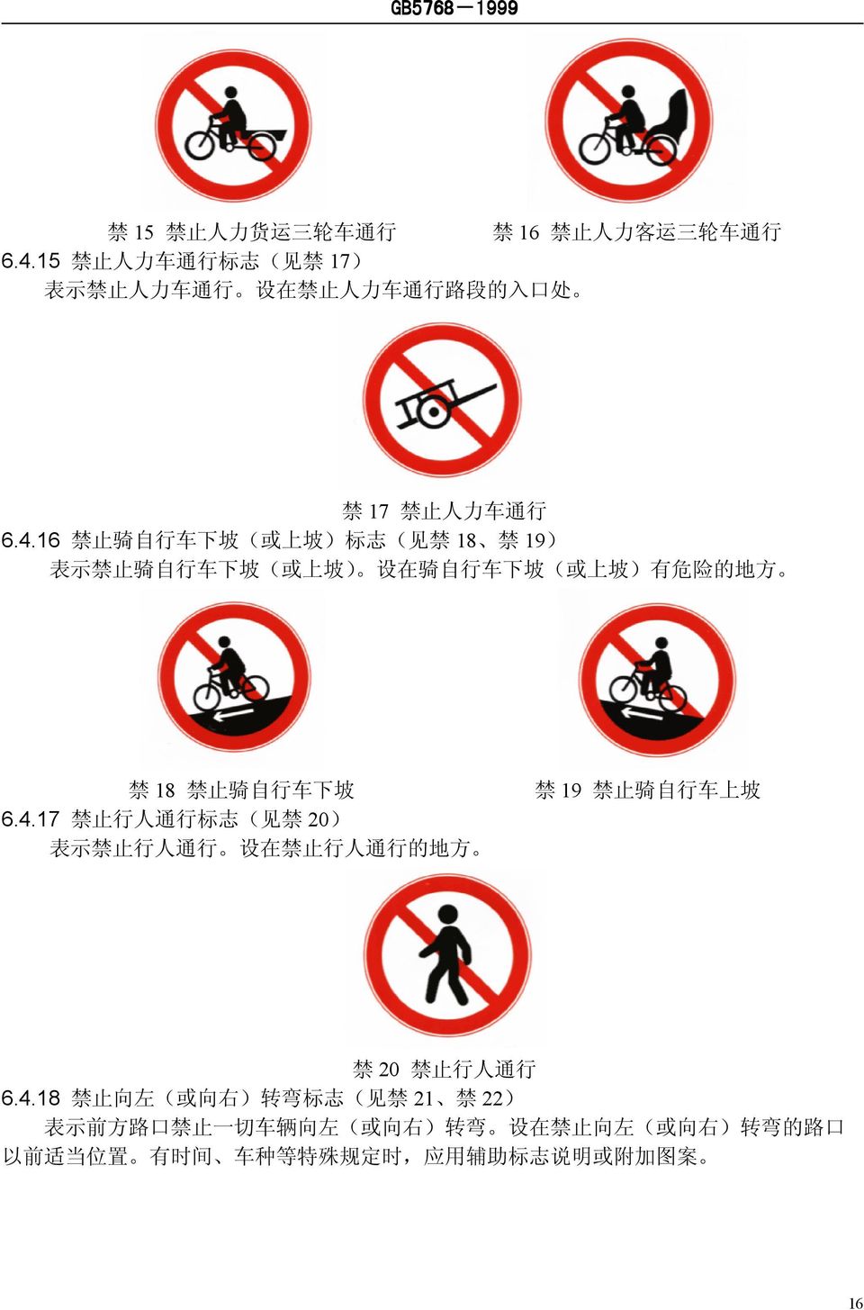 16 禁 止 骑 自 行 车 下 坡 ( 或 上 坡 ) 标 志 ( 见 禁 18 禁 19) 表 示 禁 止 骑 自 行 车 下 坡 ( 或 上 坡 ) 设 在 骑 自 行 车 下 坡 ( 或 上 坡 ) 有 危 险 的 地 方 禁 18 禁 止 骑 自 行 车 下 坡 6.4.