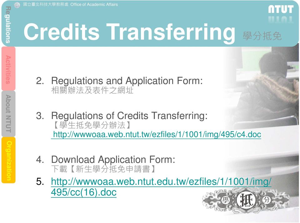 Regulations of Credits Transferring: Credits Transferring 學 分 抵 免 學 生 抵 免 學 分 辦 法
