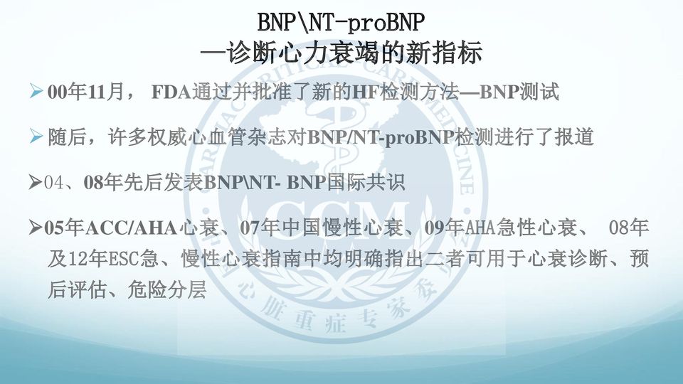 发 表 BNP\NT- BNP 国 际 共 识 05 年 ACC/AHA 心 衰 07 年 中 国 慢 性 心 衰 09 年 AHA 急 性 心 衰