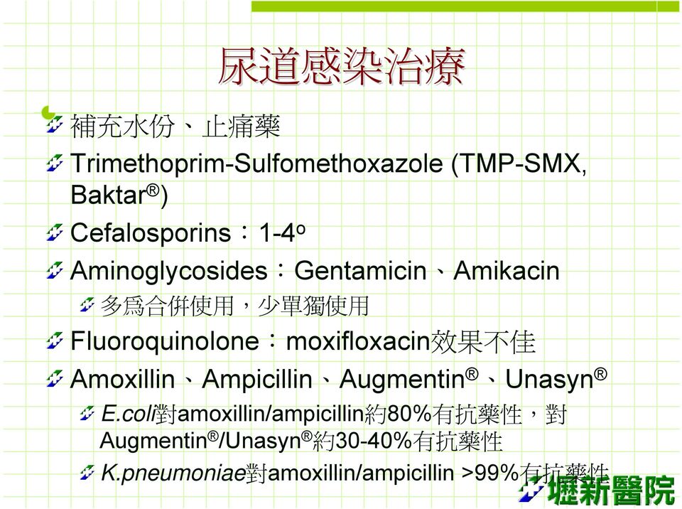 .moxifloxacin 效 果 不 佳 Amoxillin Ampicillin Augmentin Unasyn E.