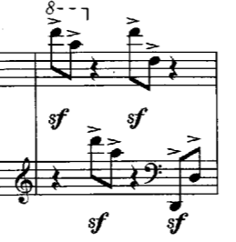 時, 切 分 音 這 個 節 奏 動 機 也 使 音 樂 的 感 覺 越 來 越 亢 奮 第 四 個 樂 句 則 是 使 用 了 節 奏 動 機 一 ( 譜 例 4-2-3-1) 以 及 節 奏 動 機 二 ( 譜 例 4-2-3-2) 的 音 型, 以 活 潑 的 切 分 音 節 奏