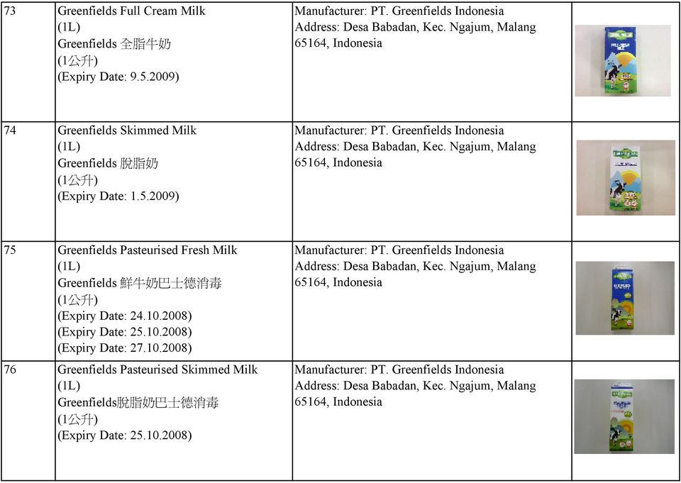 2009) 75 Greenfields Pasteurised Fresh Milk Greenfields 鮮 牛 奶 巴 士 德 消 毒 (Expiry Date: 24.10.