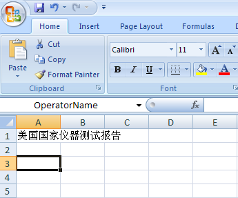 图 2.2 Excel 里 面 的 Name box 为 了 使 我 们 的 第 一 个 报 告 看 起 来 专 业 一 点, 我 们 在 A1 单 元 格 中 输 入 报 表 的 名 字 美 国 国 家 仪 器 测 试 报 告, 然 后 把 A3 单 元 格 命 名 为 OperatorName, 如 图 2.