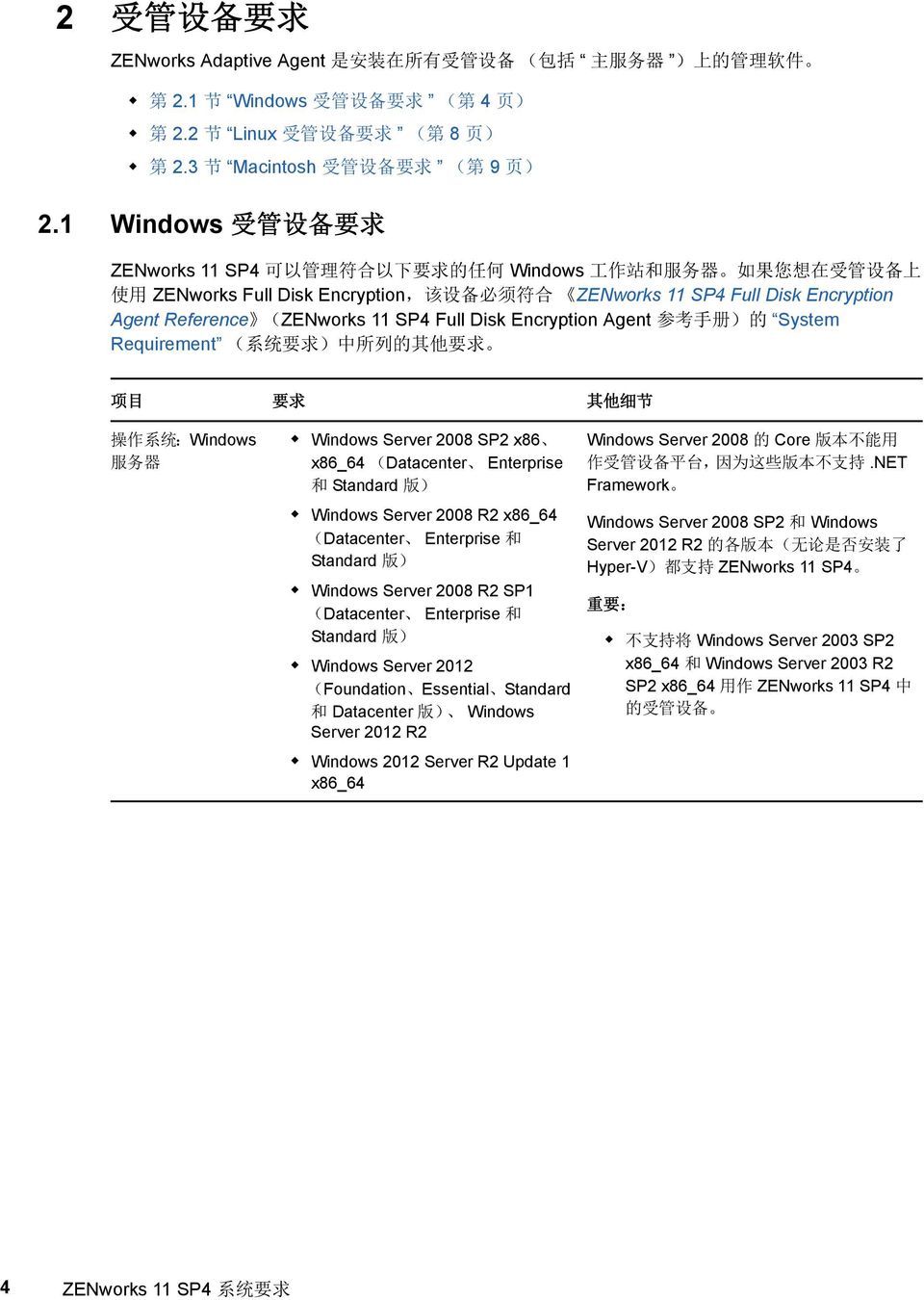 (ZENworks 11 SP4 Full Disk Encryption Agent 参 考 手 册 ) 的 System Requirement ( 系 统 ) 中 所 列 的 其 他 项 目 其 他 细 节 操 作 系 统 :Windows 服 务 器 Windows Server 2008 SP2 x86 x86_64 (Datacenter Enterprise 和 Standard