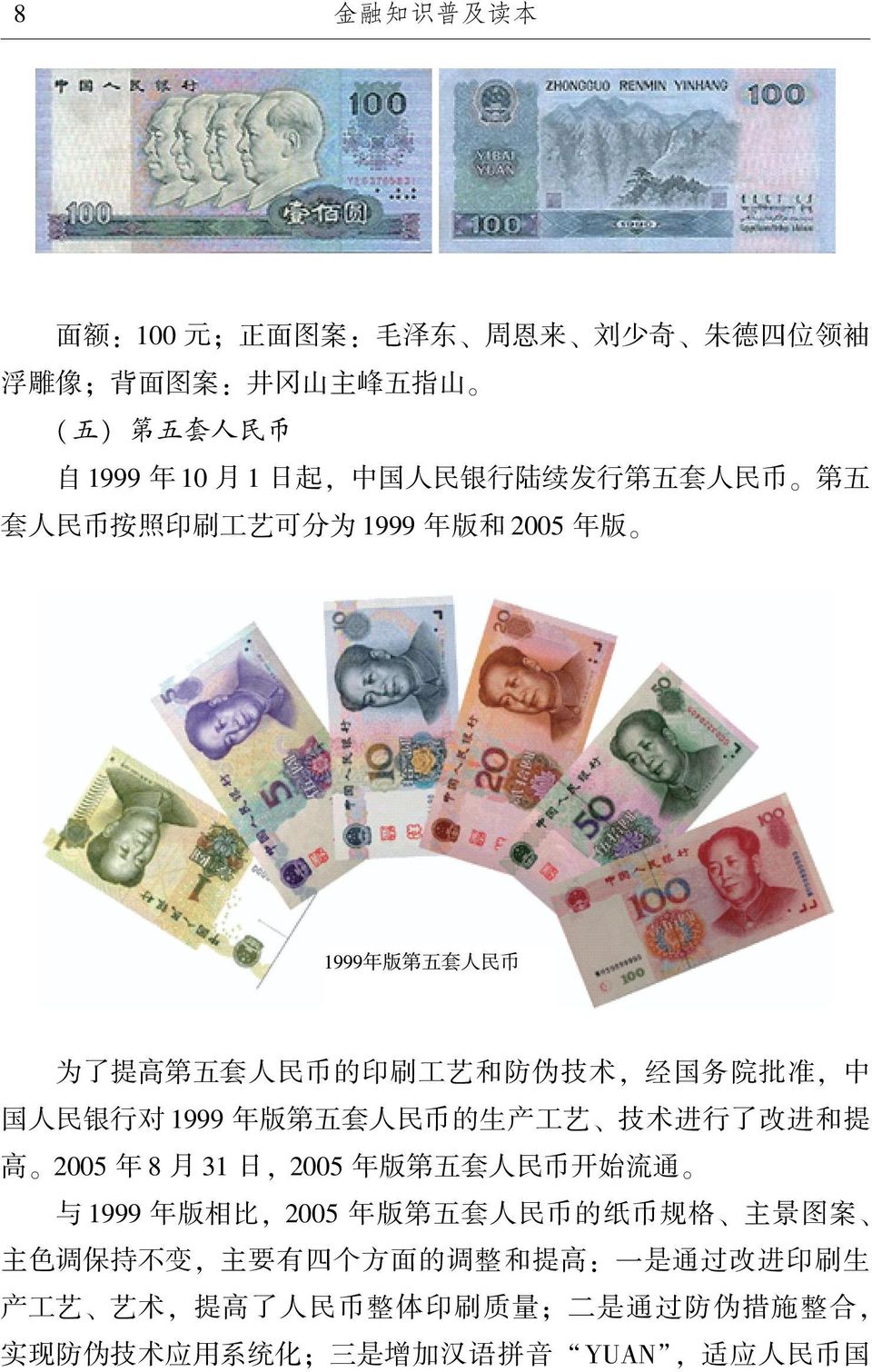 年版第五套人民币的生产工艺 技术进行了改进和提 高 2005 年 8 月 31 日, 2005 年版第五套人民币开始流通 与 1999 年版相比, 2005 年版第五套人民币的纸币规格 主景图案
