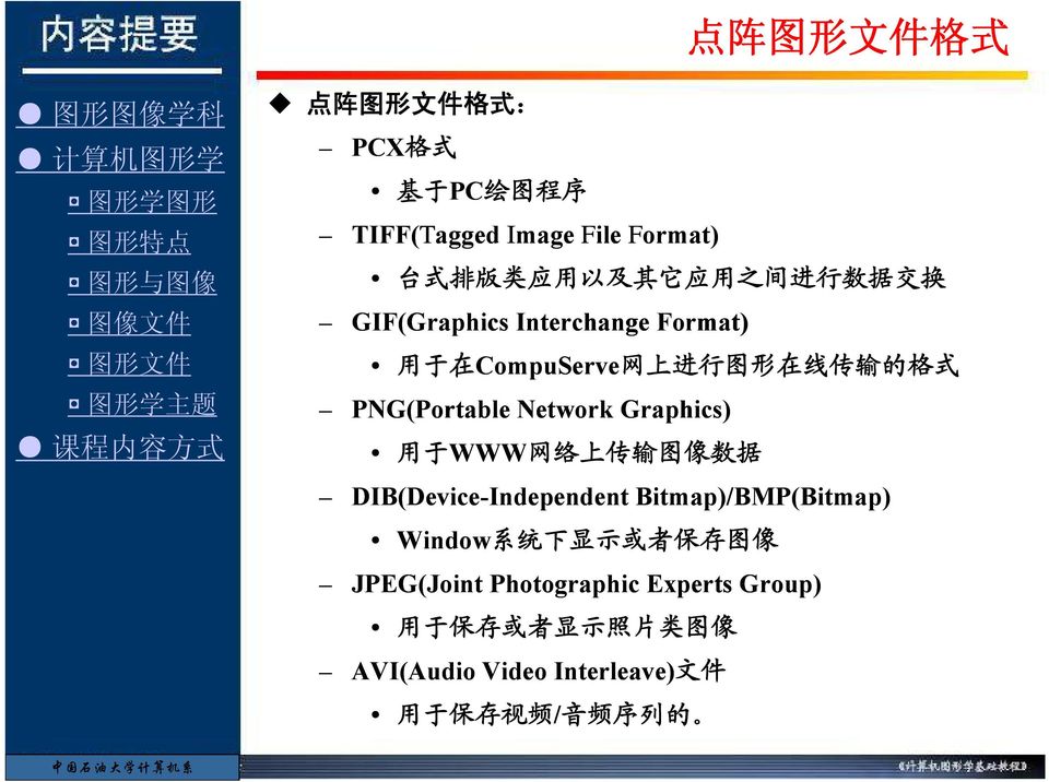 PNG(Portable Network Graphics) 用 于 WWW 网 络 上 传 输 图 像 数 据 DIB(Device-Independent Independent d Bitmap)/BMP(Bitmap) ) Window 系 统 下 显