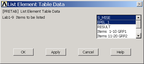 第六章 : 通用后处理 图 6.32 单元表等值线图列表显示单元表的操作如下 : (1) 单击 Main Menu>General Postproc>Element Table>List Elem Table 菜单, 弹出如图 6.