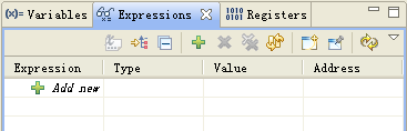 (5) 点击菜单 View Registers, 可以查看到寄存器的值, 如图.3.9 所示 图.3.9 寄存器查看窗口 (6) 点击菜单 View Expressions, 可以得到观察窗口, 如图.3.0 所示 可以通过 添加观察变量, 或者在所需观察的变量上右击, 选择 Add Watch Expression 添加到观察窗口 图.