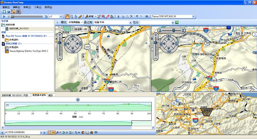 3D 地圖 ( 可即時顯示 Topo 等高線的 DEM 地貌 ) 與顯示地圖瀏覽相對位置的 minimap